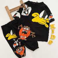 ست اسپرت تیشرت شلوارک بچگانه چاپ عروسکی نخ پنبه رنگ مشکی لباس کودک تازمانیا