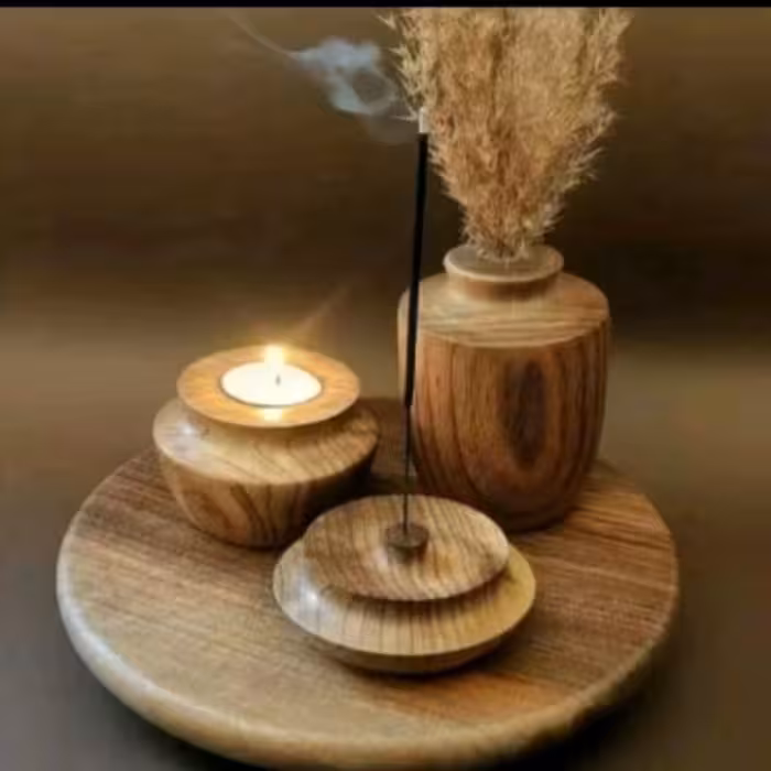 ست جا شمعی و گلدان و جا عودی چوبی رنگ قهوه ای چوب روس 