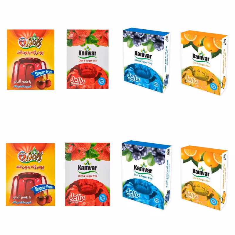 پودر ژله رژیمی با طعم آلبالو و بلوبری و توت فرنگی و پرتقال کامور - 36 گرم بسته 8 عددی