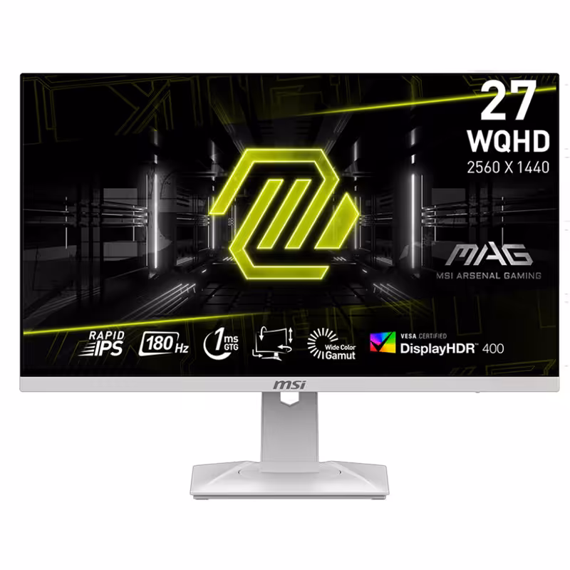 مانیتور گیمینگ 27 اینچ ام اس آی مدل MAG 274QRFW، رزولوشن 2K، پنل Rapid IPS، نرخ بروزرسانی 180 هرتز، با نسبت تصویر 16:9، دارای پورت HDMI و DisplayPort و خروجی هدفون - کالاوما
