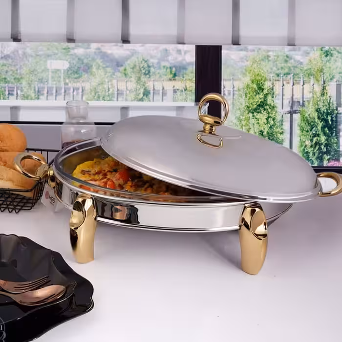 سوفله خوری استیل  ام جی اس مدل 3107 پافیلی پایه استیل طلایی قالب بیضی کوچک