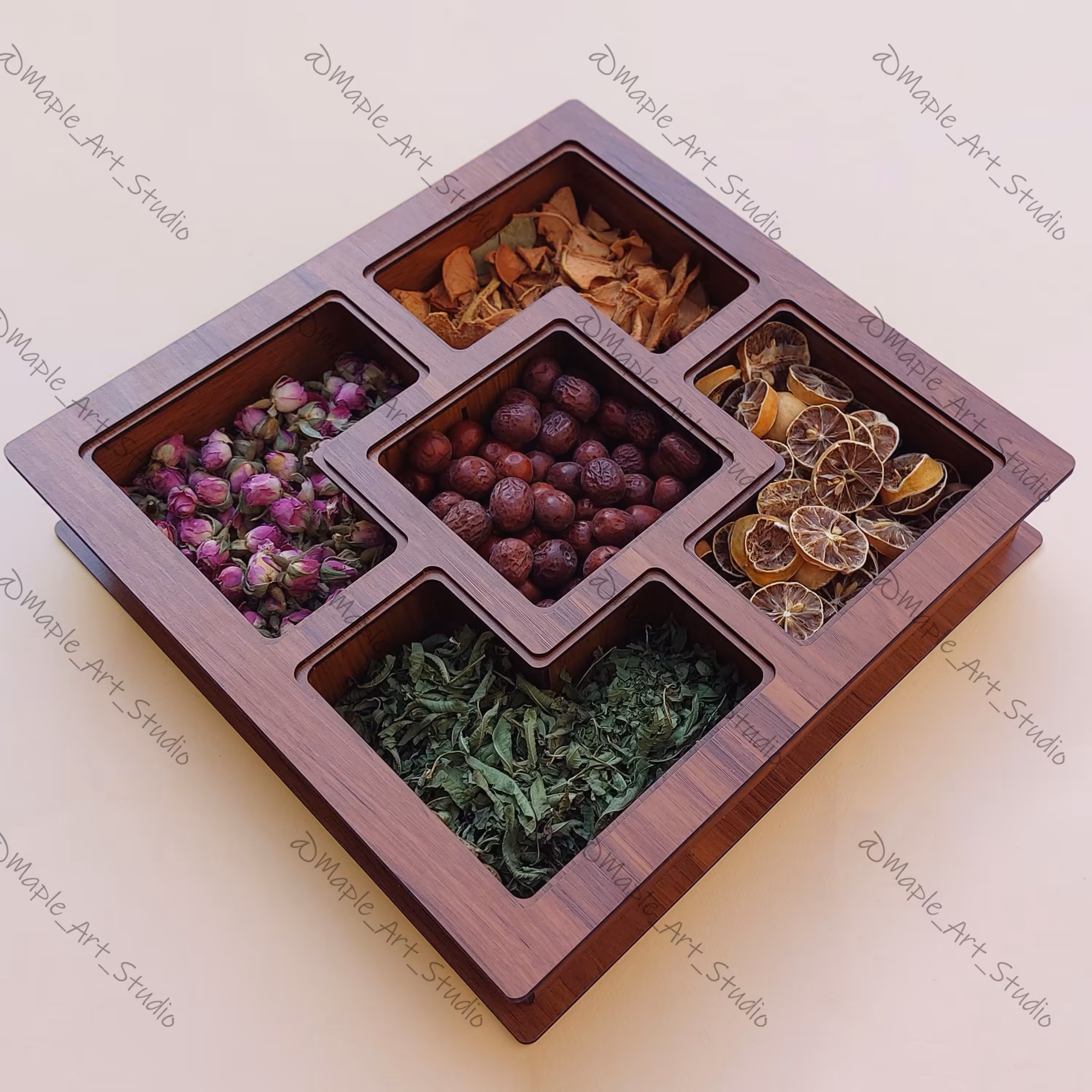 باکس دمنوش جعبه پذیرایی باکس چوبی تیباکس تی بگ جعبه کادو 5 خانه میپل آرت استودیو