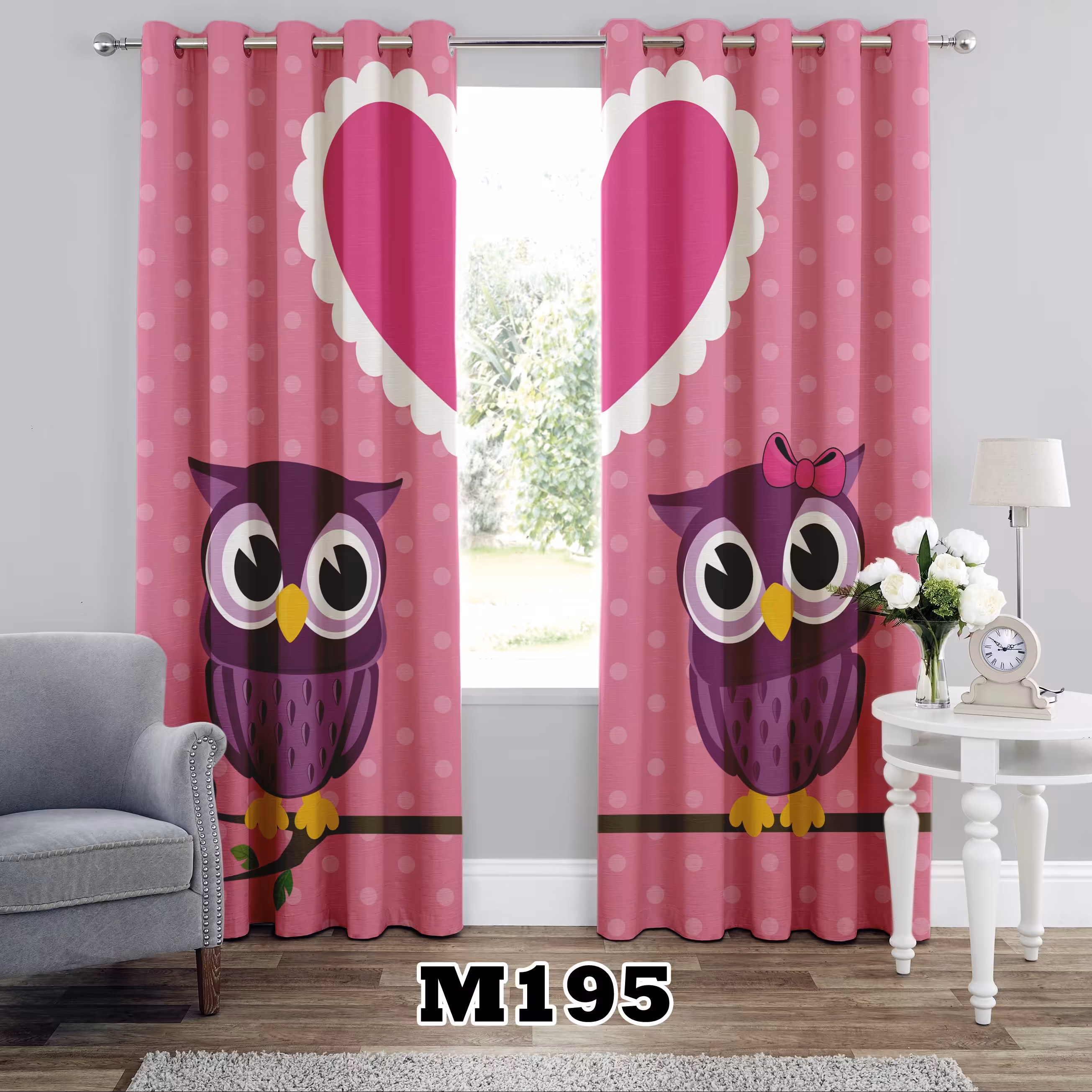 پرده چاپی پانچی طرح جغد دخترانه کد M195 تک قواره ارتفاع 300 عرض 140 سانت