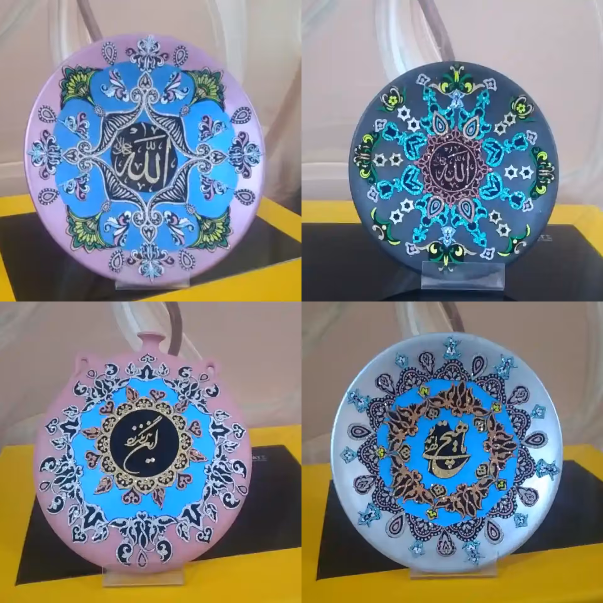 بشقاب و دیوارکوب  و کشکول و گلدان  آیینه کاری و پرشینگ و خطاطی شده (کار شده روی سفال) 