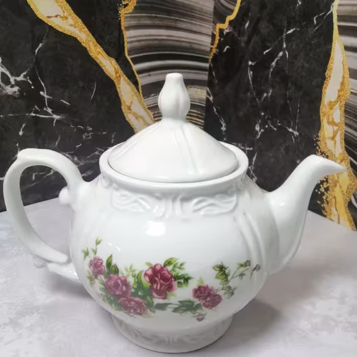 قوری چینی بزرگ طرح گل سرخ پذیرایی چای دمنوش 