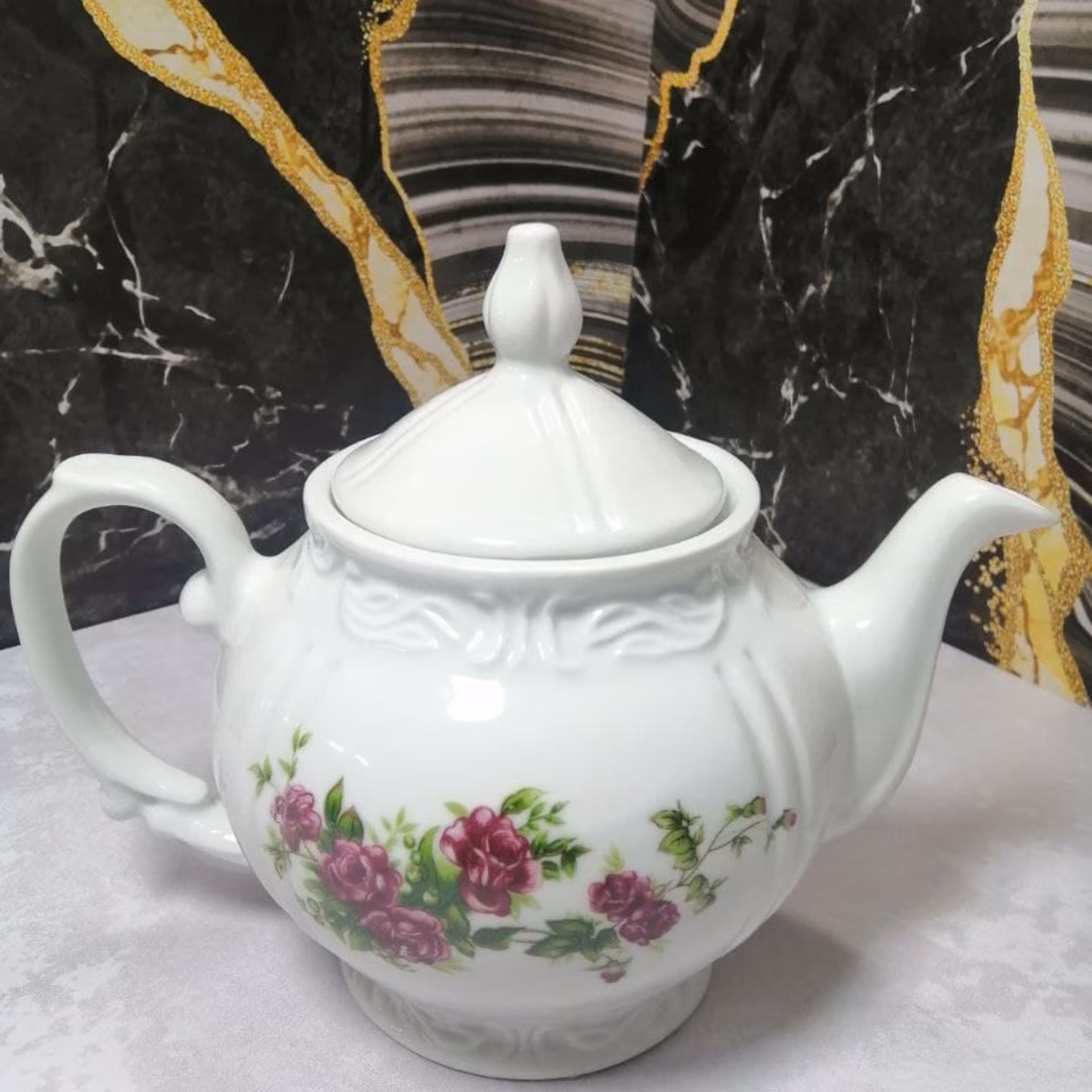 قوری چینی بزرگ طرح گل سرخ پذیرایی چای دمنوش 