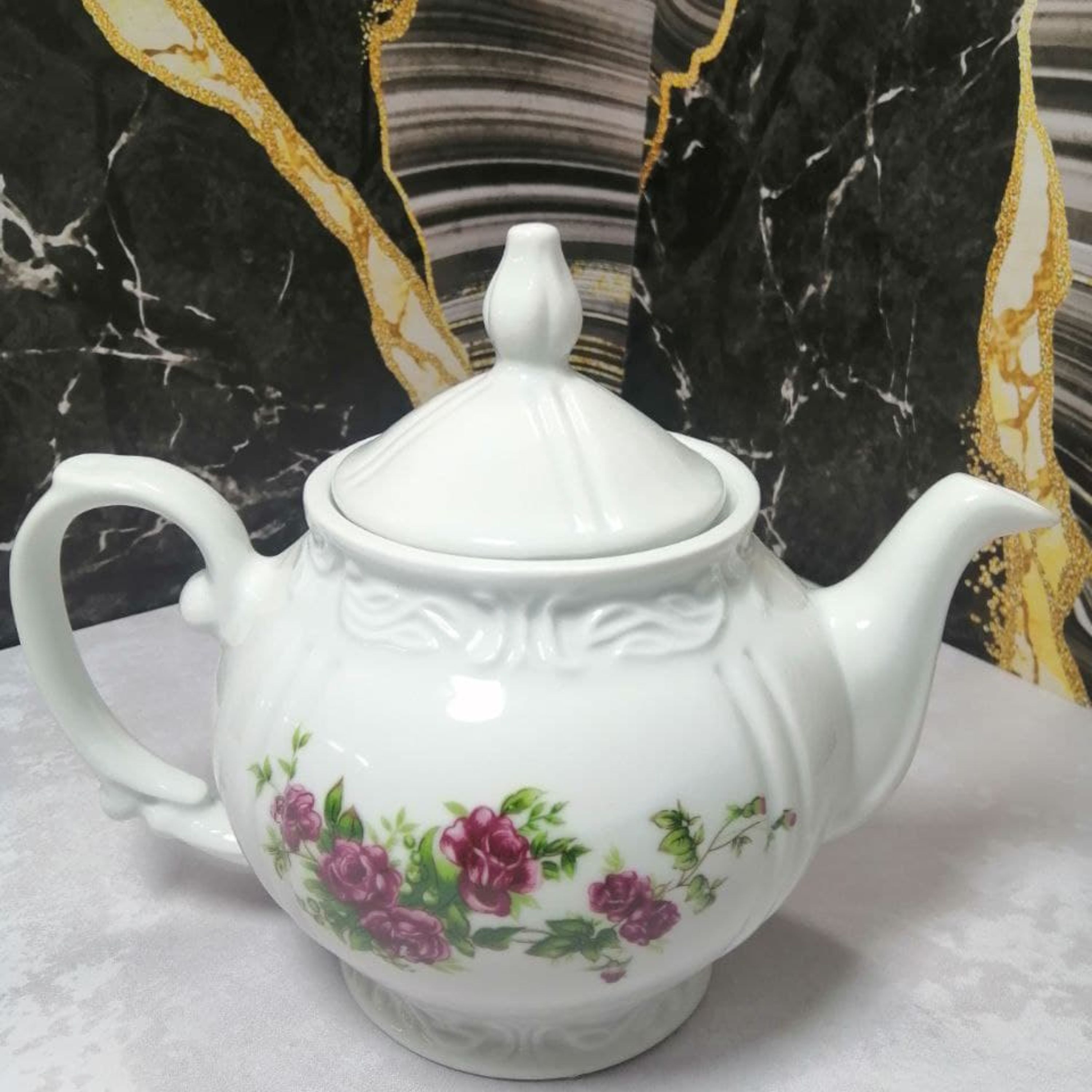 قوری چینی بزرگ طرح گل سرخ پذیرایی چای دمنوش