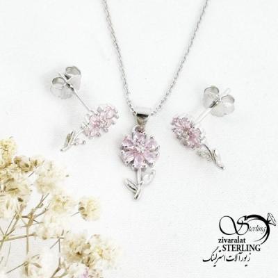 نیمست نقره گل نگین صورتی عیار925 کد 17359