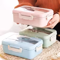 ظروف غذا خوری لانچ باکس با کیفیت ترکیب رنگ جذاب دارای قاشق تک رنگ ترکیب سبز و زرد باقیمانده 