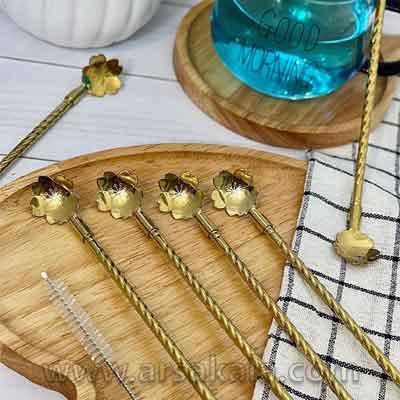 نی شربت خوری استیل طلایی طرح دار گل فرچه دار