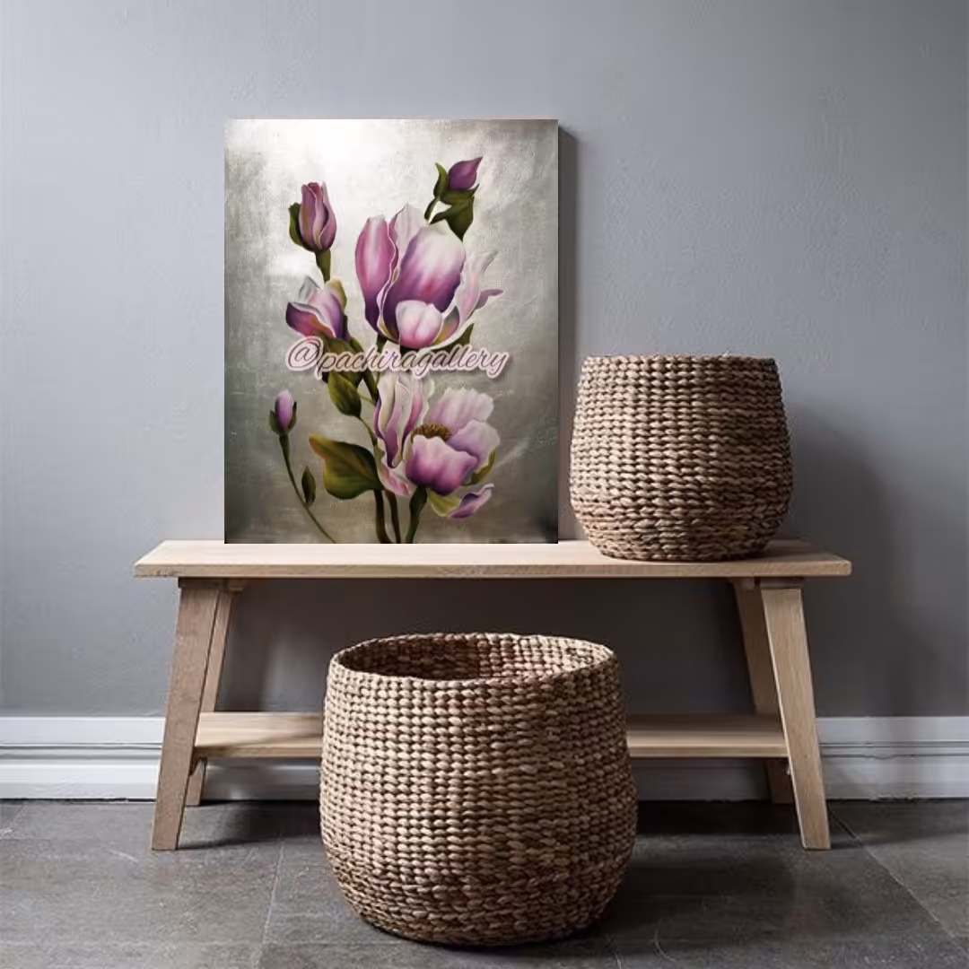 تابلو دکوراتیو مدرن ، طرح گل ماگنولیا ، تماما کارشده با ورق نقره ، تکنیک رنگ روغن