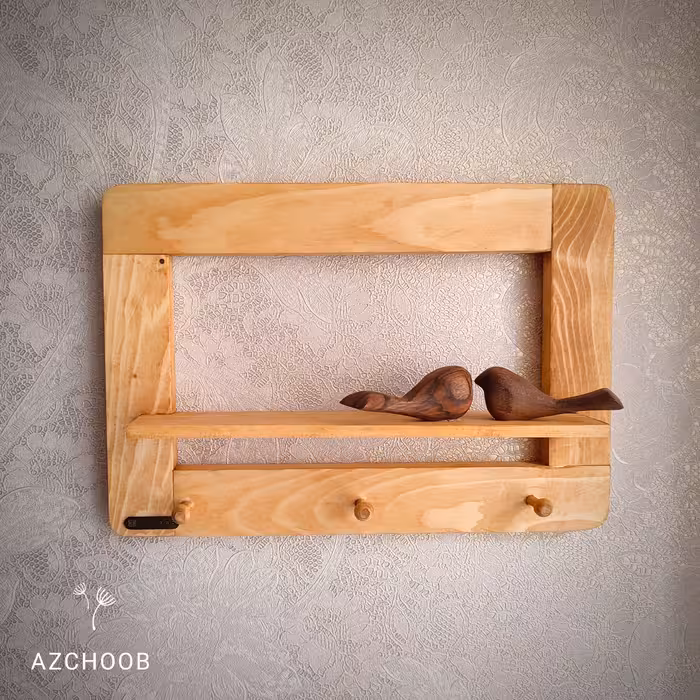 جاکلیدی دیواری شلف دار با گنجشک  چوبی و آویز چوبی