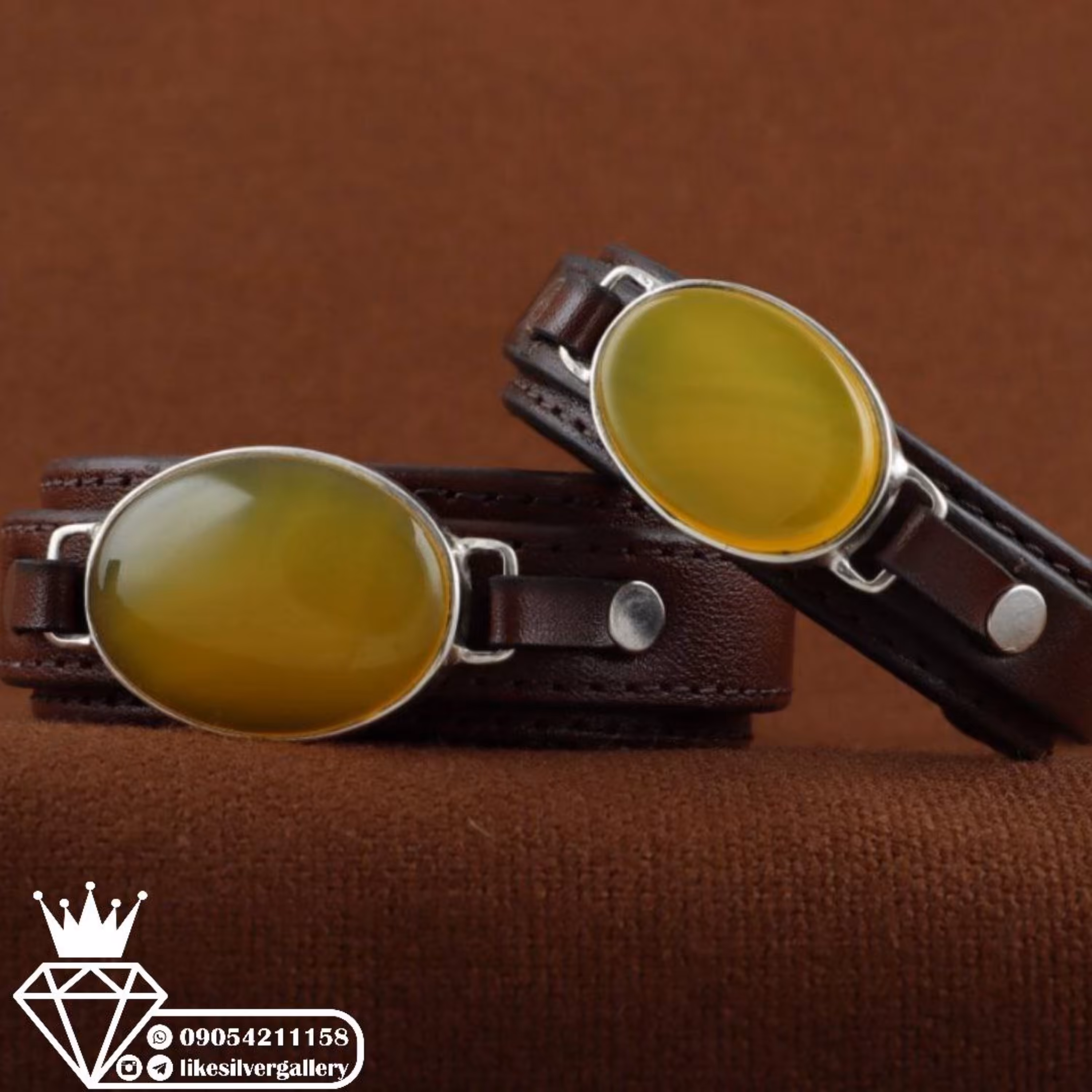 دستبند ست شرف الشمس چرم گاوی طبیعی قاب دور نگین (نقره دستساز)کد615 ارسال رایگان