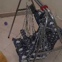 تاب ننویی گهواره ای رنگ طوسی پایه دار پایه فلزی  طرح فیلی و ساده7 طنابه کمربند دار 