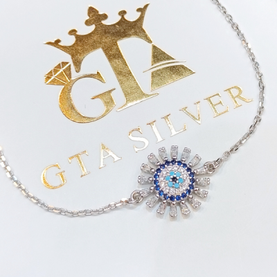 دستبند نقره چشم و نظر زنانه با نگین های باگت عیار 925 کد 120002