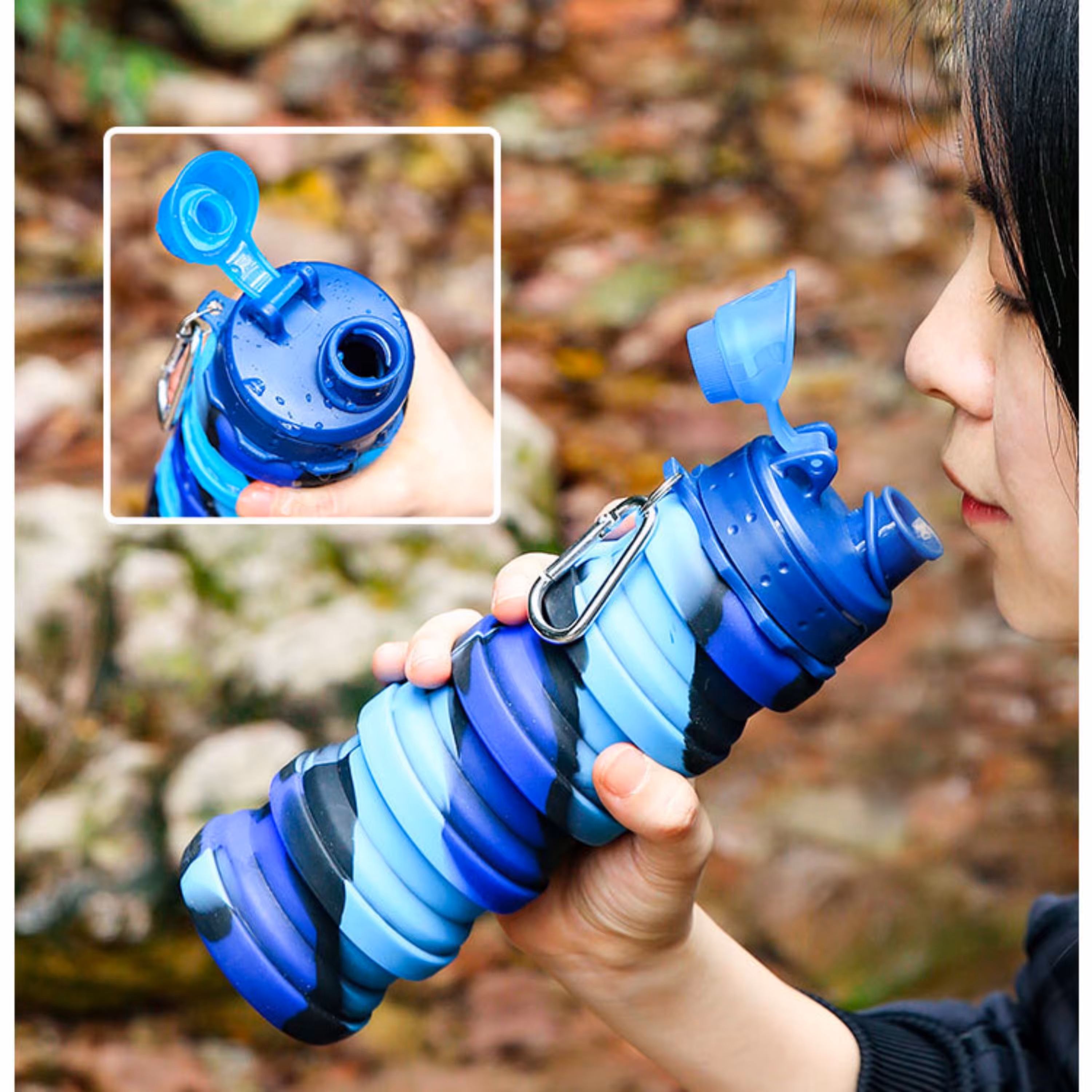 قمقمه تاشو سیلیکونی 500 میلی لیتری آبی دو رنگ(آکاردئونی)