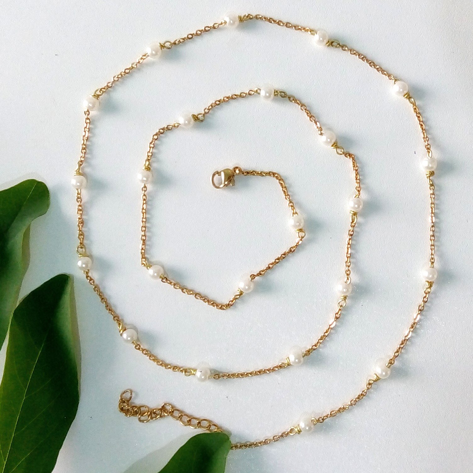 گردنبند زنجیر مرواریدی طلایی طول 60 سانتیمتر