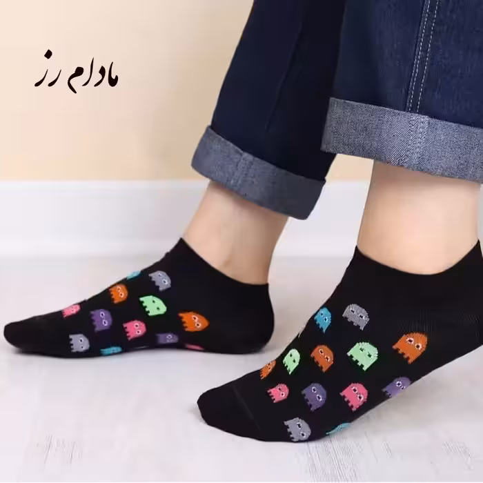 جوراب مچی پکمن رنگبندی مشکی سورمه ای و طوسی سفید 
