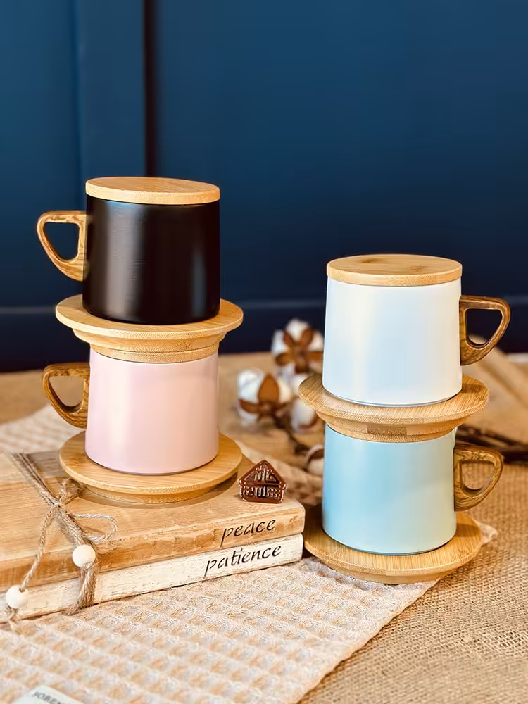 ماگ داخل استیل درب بامبو کد001376