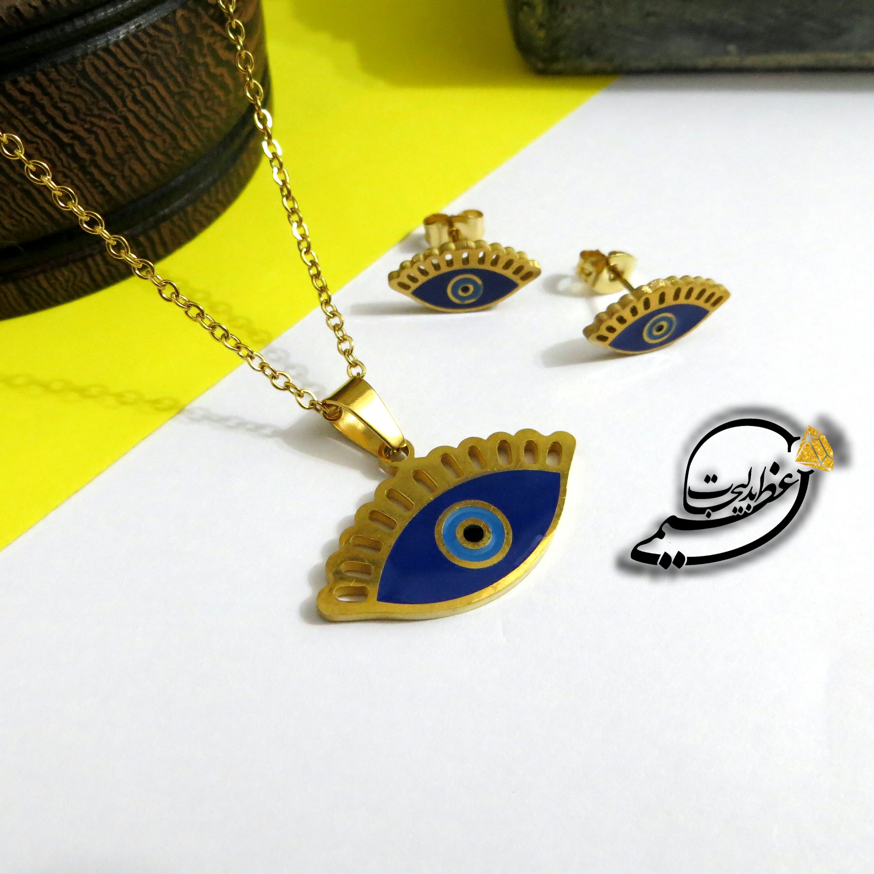 نیم ست چشم نظر کیفیت عالی جذاب فوق العاده خاص با زنجیر استیل رنگ ثابت روکش طلا