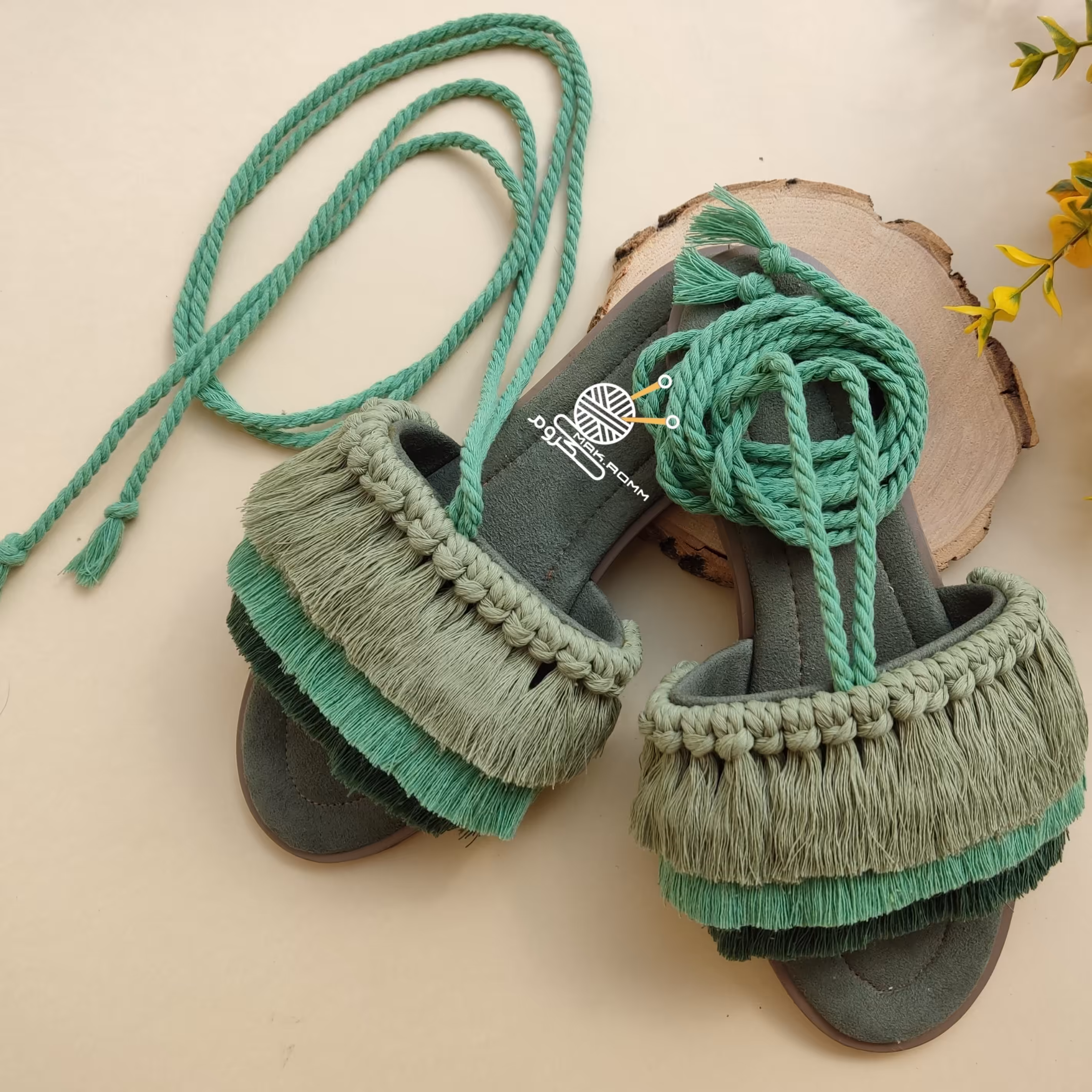 صندل مکرومه  بافی سبز