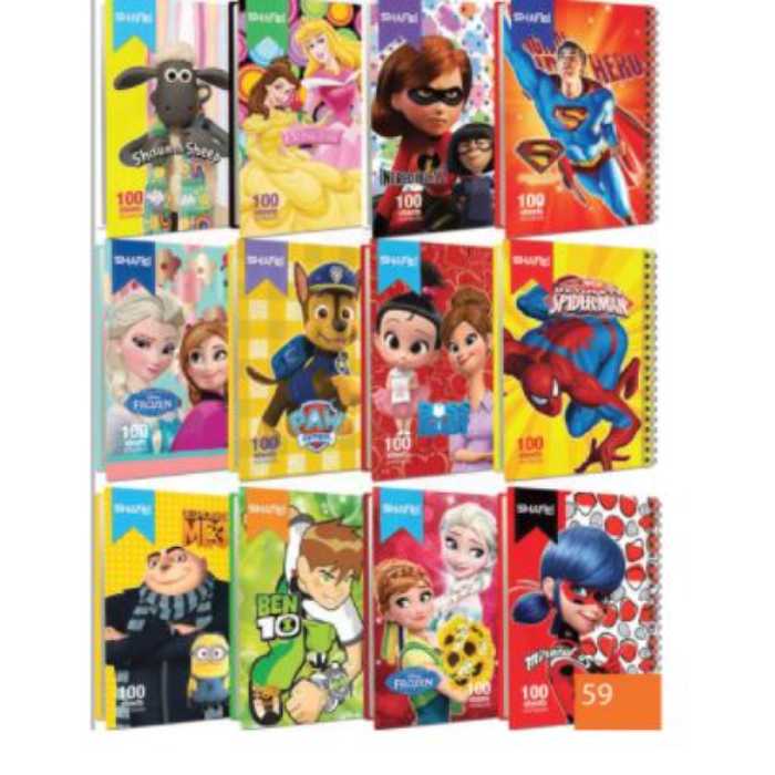 دفتر مشق 100 برگ شفیعی کد 51 با جلد تک فنر در طرح های مختلف مجموعه 12 عددی