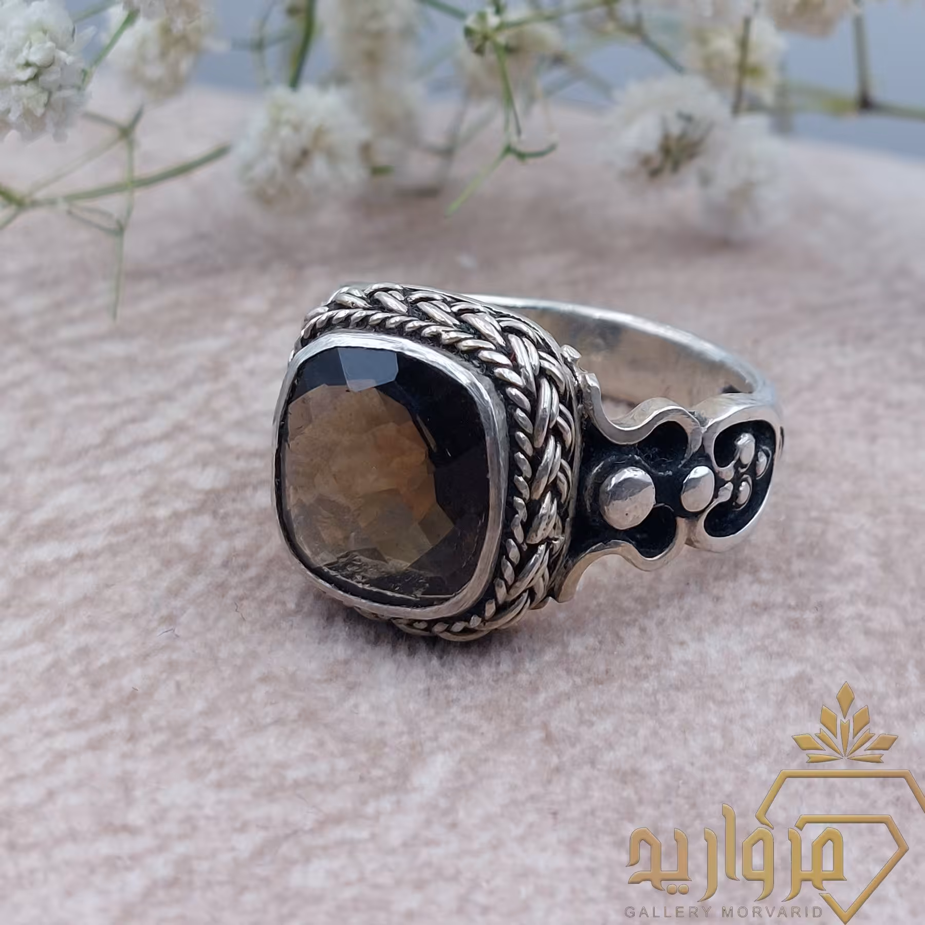 انگشتر نقره دستساز مردانه با سنگ کوارتز دودی کد 30