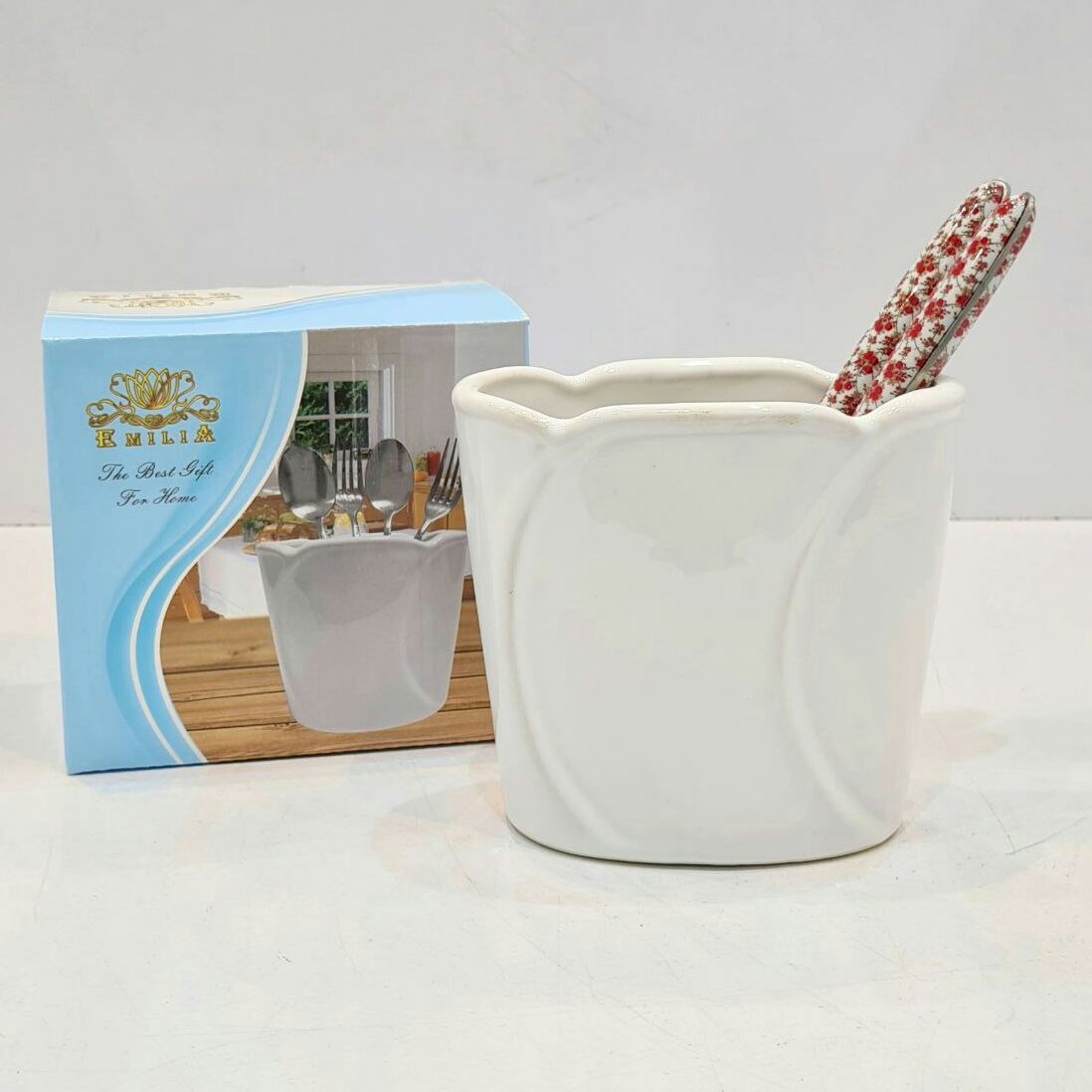 جاقاشق و چنگال سرامیکی سفید لاله طرح  بیضی و شیپوری با کیفیت  