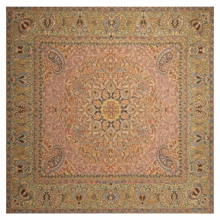 رومیزی ترمه مربع ابریشم  کد TRM94  تار سفید  رنگ یاسی روشن  آستر کرم