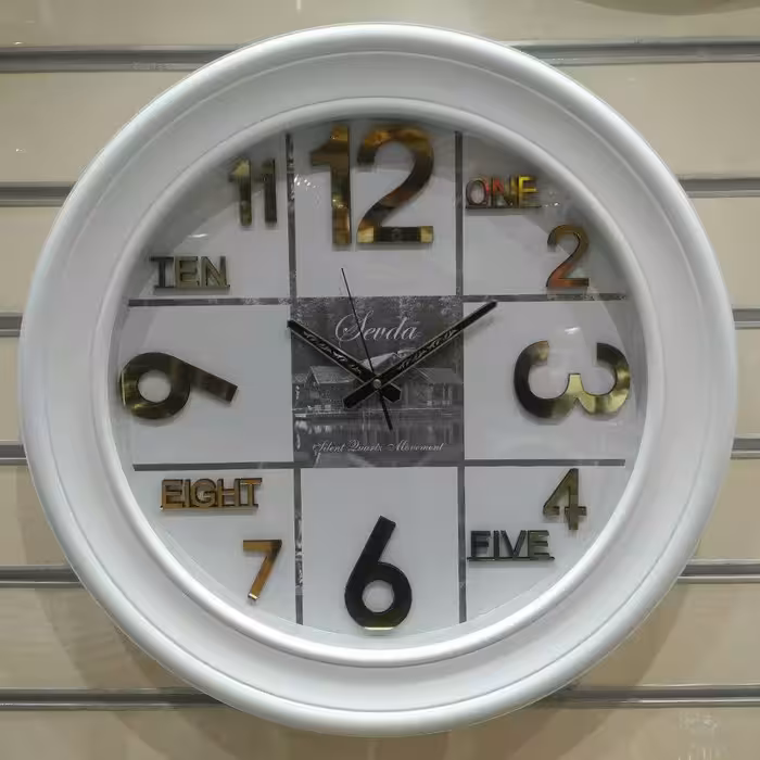 ساعت دیواری سودا موتور آرام گرد عرض 60، جنس بدنه پلاستیک شماره برجسته 
