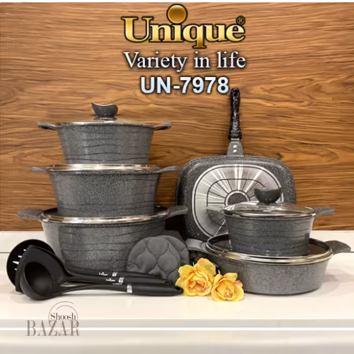 سرویس قابلمه 15 پارچه طوسی نقره ای لاین یونیک کد 7978