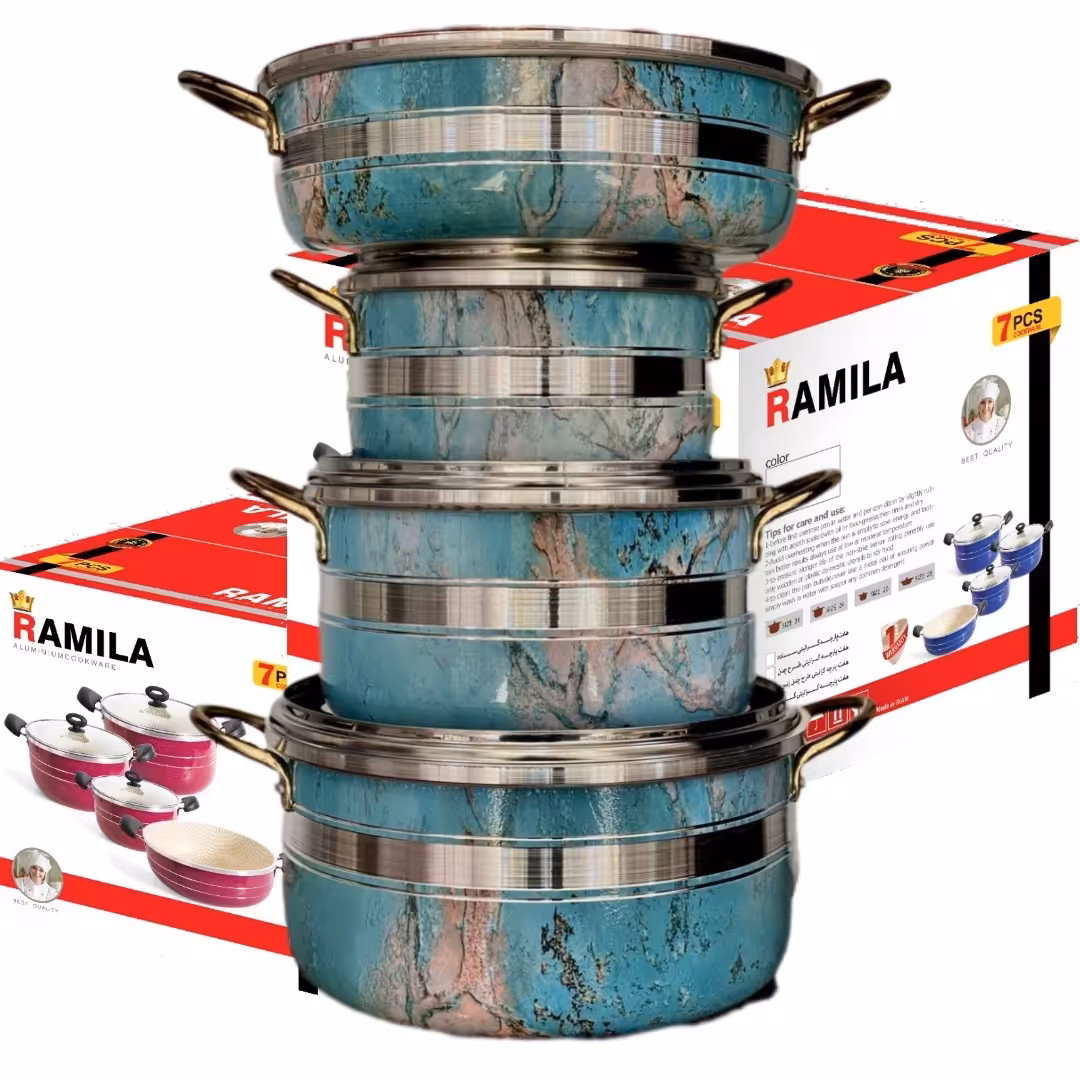 خرید و قیمت تولیدی قابلمه زنبوری - سرویس قابلمه زنبوری طرح ترک رامیلا رنگ فیروزه ای - aluminium cookware factory