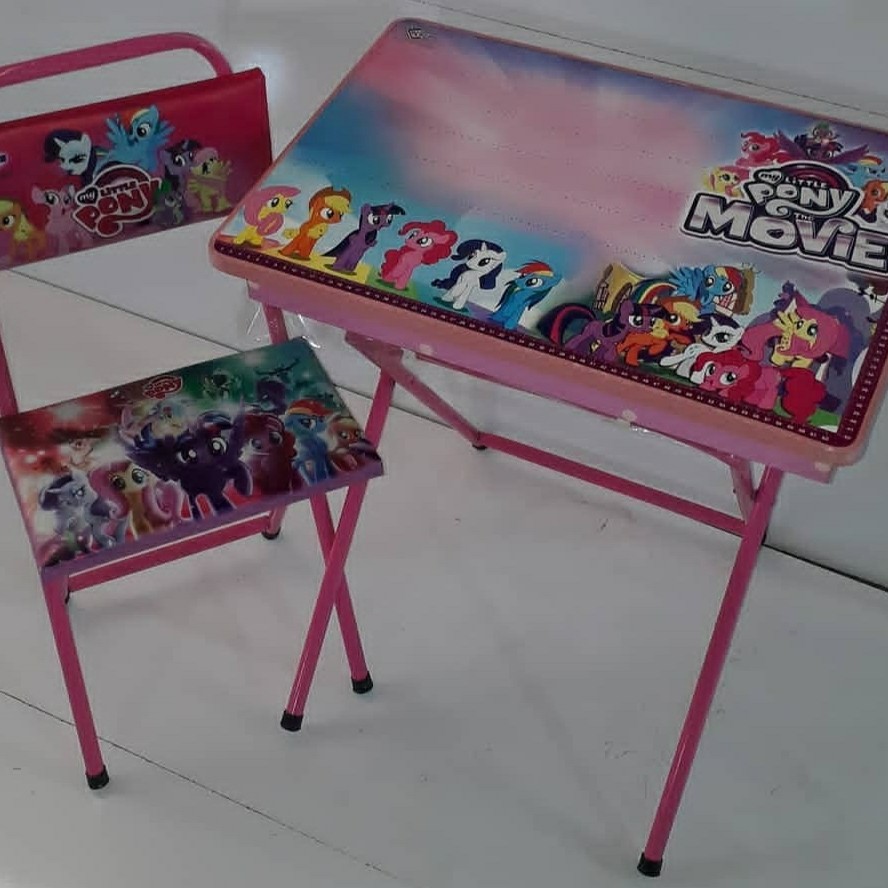 میز تحریر باکسدار با صندلی طرح اسب شاخ دار pony با چاپ uv اکلیلی برجسته(مدل پایه رنگی)(باکارتون شکیل مخصوص میز و صندلی)