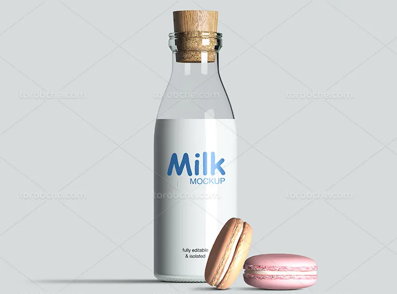 موکاپ بطری شیشه ای شیر با درب چوب پنبه | گرافیک با طعم تربچه