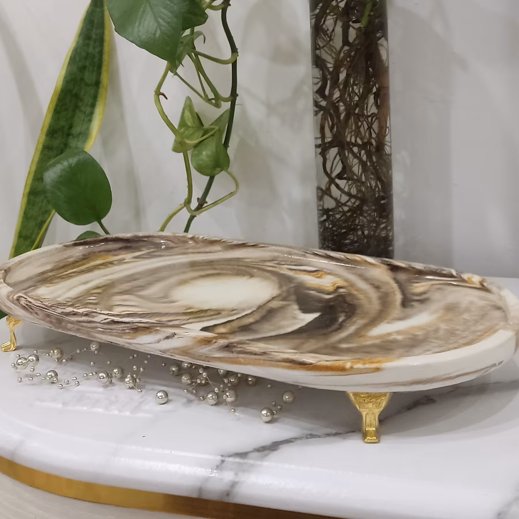 سینی بیضی قهوه ای کرم تیره رنگ دستسازسنگی (19در39سانت)