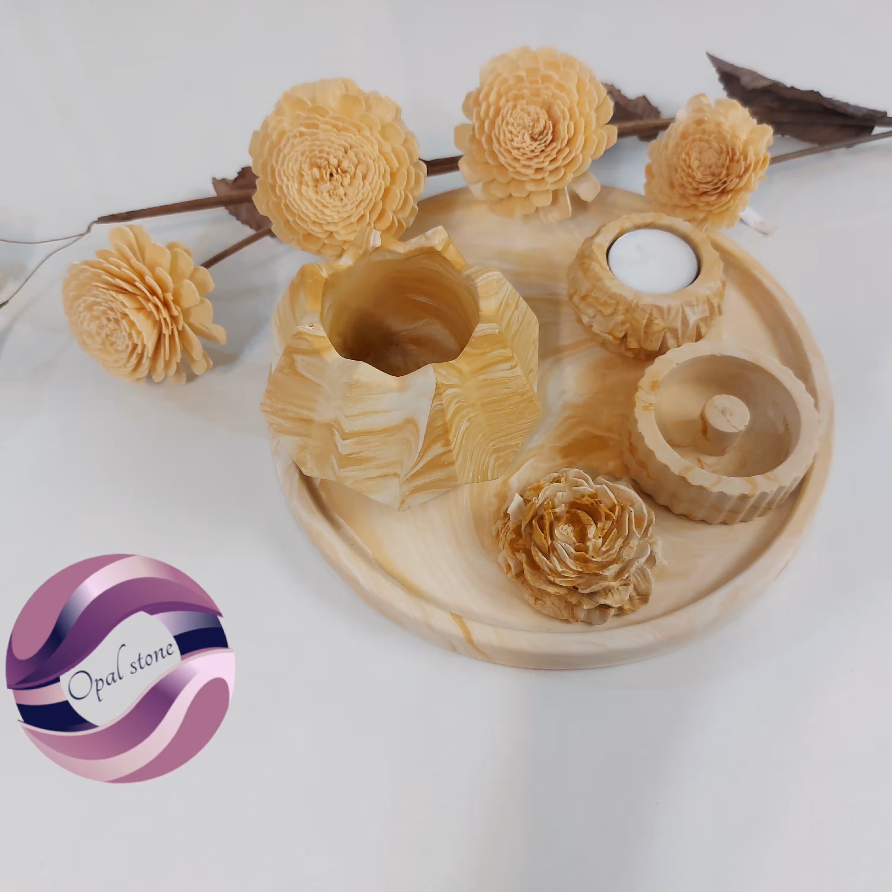 ست دکوری سینی و گلدان و جاشمعی (سنگ مصنوعی)