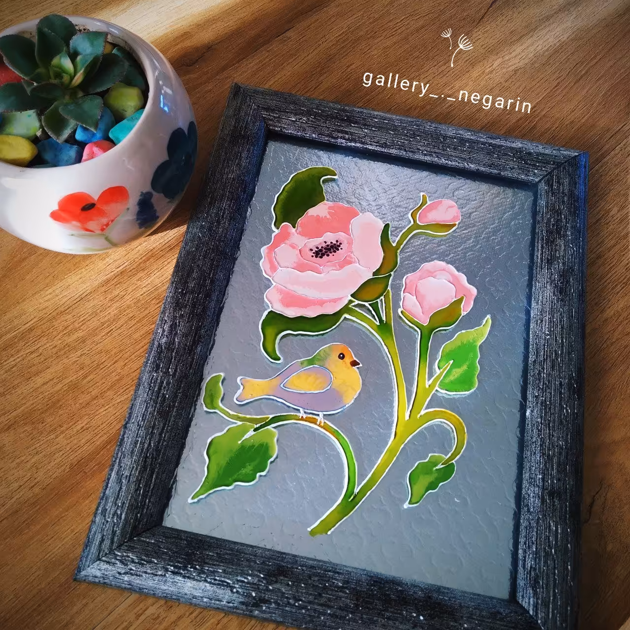 تابلو نقاشی ویترای،گل و پرنده،  زیبا و چشم نواز
