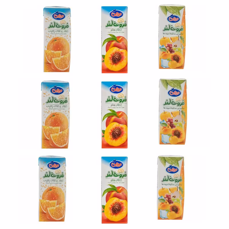 آبمیوه پرتقال و هلو و هفت میوه میهن - 200 میلی لیتر بسته 9 عددی