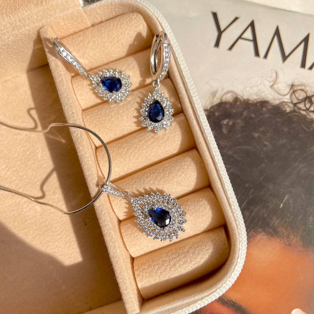 نقره سرویس عیار925 ایتالیای گوشواره آویز گردنبند آبکاری طلای سفید کیفیت فوق العاده