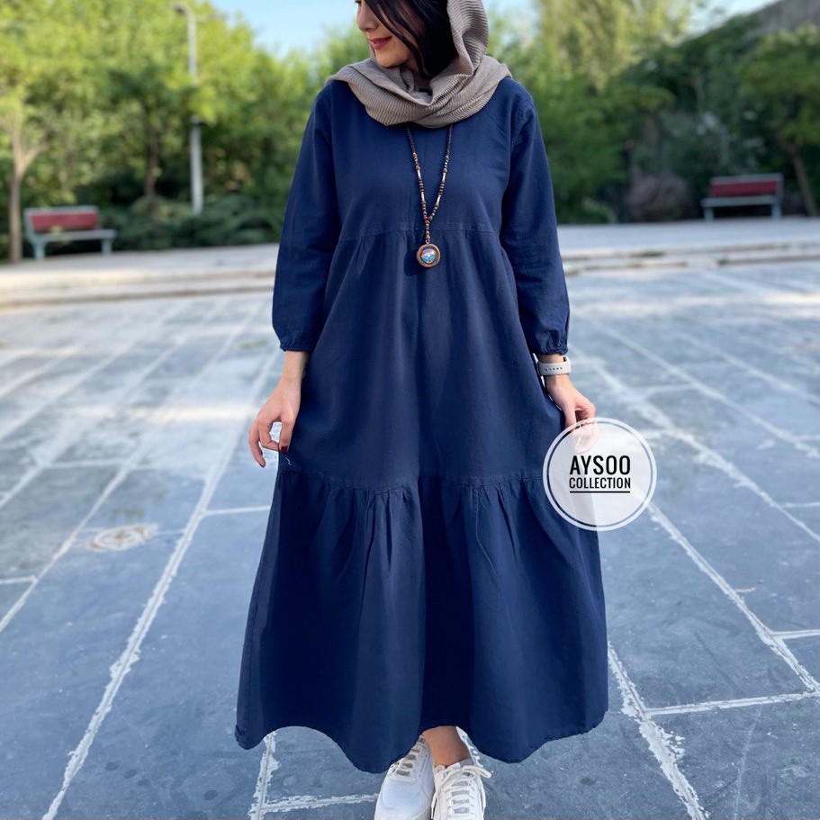 پیراهن مانتویی کفتان بلند مانتو زنانه الیاف طبیعی رنگ سورمه ای بدون ابرفت ارسال رایگان