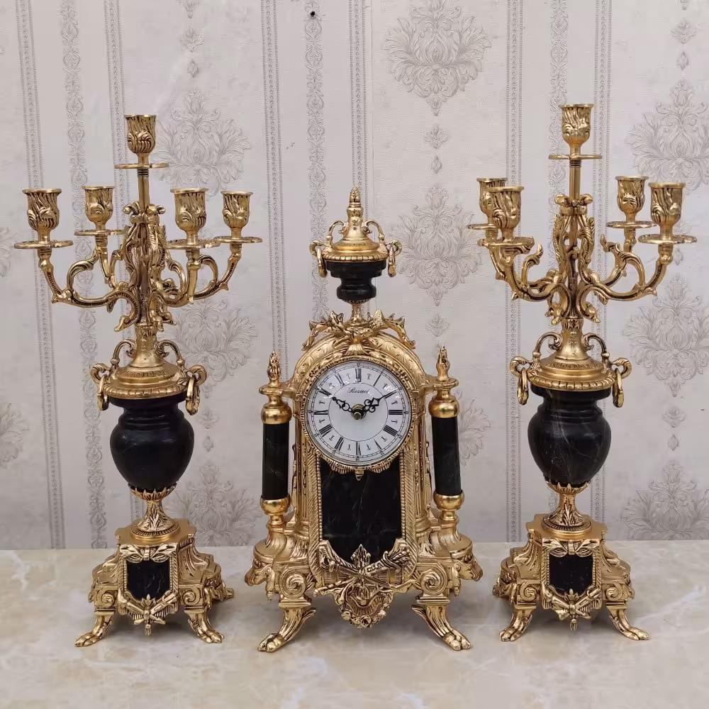 ساعت و شمعدان برنز مدل لانچینی فورتیک با سنگ سبز کلاسیک کد 414