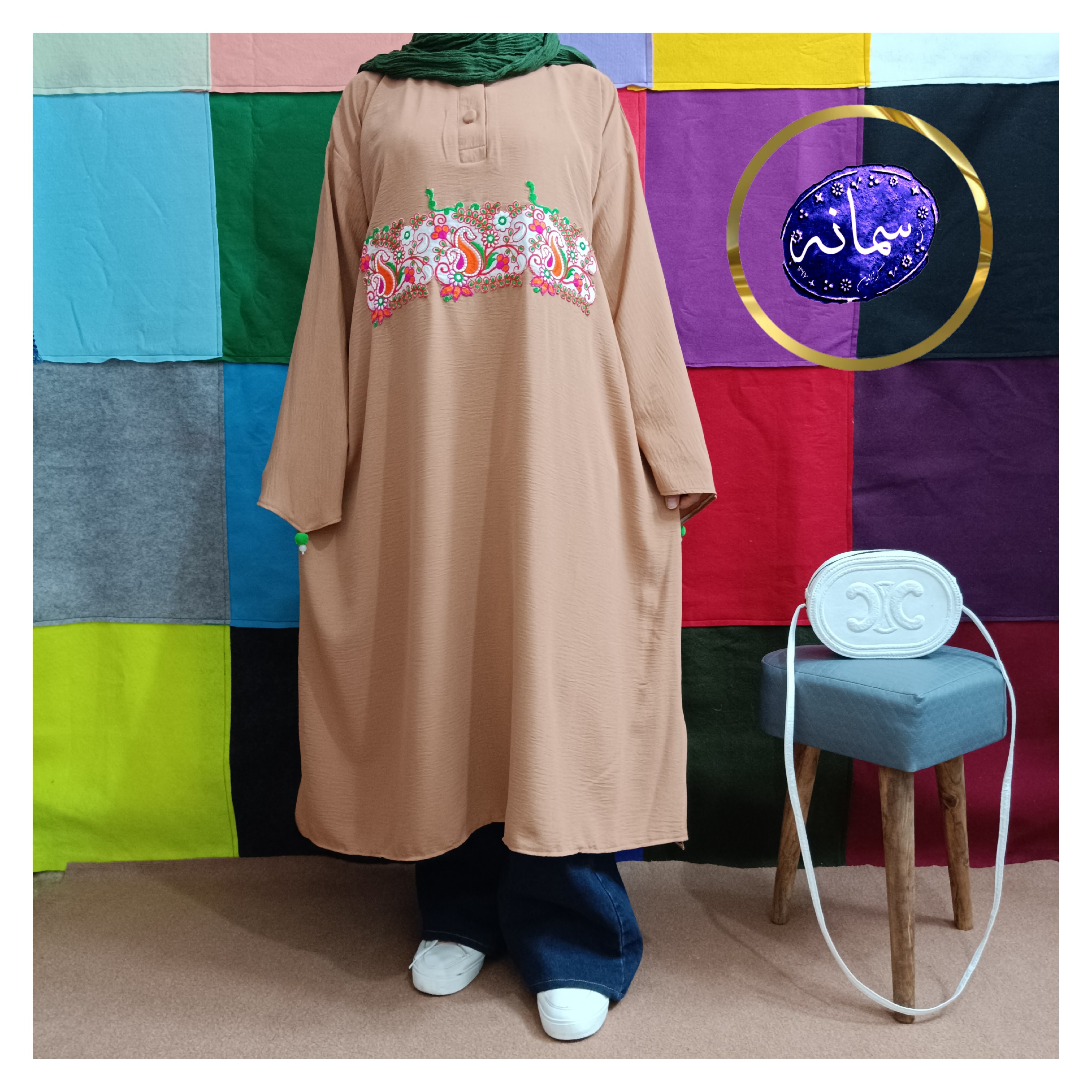 مانتو تنپوش عبا زنانه دخترونه حجاب مجلسی آجری ابروبادی سوزندوزی بلند جلو بسته بهاره تابستانه فری سایز