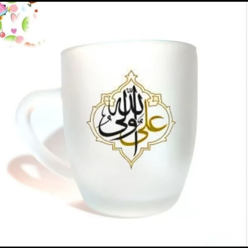 102737-لیوان شیشه ای مذهبی دسته دار مات علی ولی الله طرح تذهیب-در3رنگ