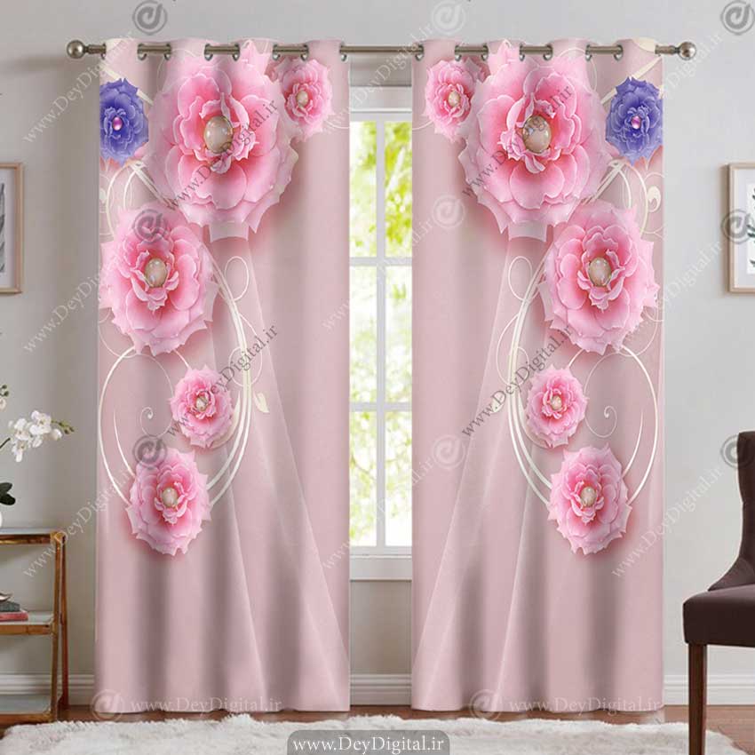 پرده پانچی گل سه بعدی صورتی و بنفش با زمینه ساده PK-5287