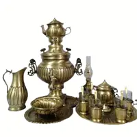 چایخوری و سرویس برنجی سماور  آنتیک ذغالی زغالی (کل عکس همه با هم )، 6لیتر ضخیم آتشی نانو شده