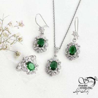 نیمست نقره نگین سبز (طرح زمرد) جواهری کد 17296