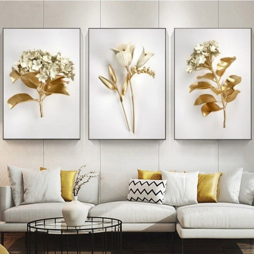 تابلو دکوراتیو گل طلایی 3 تکه / سایز هر تیکه 50 در 70