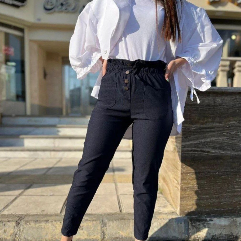 شلوار کتان کش مام استایل کمر هویجی جدید تن خور فوق العاد