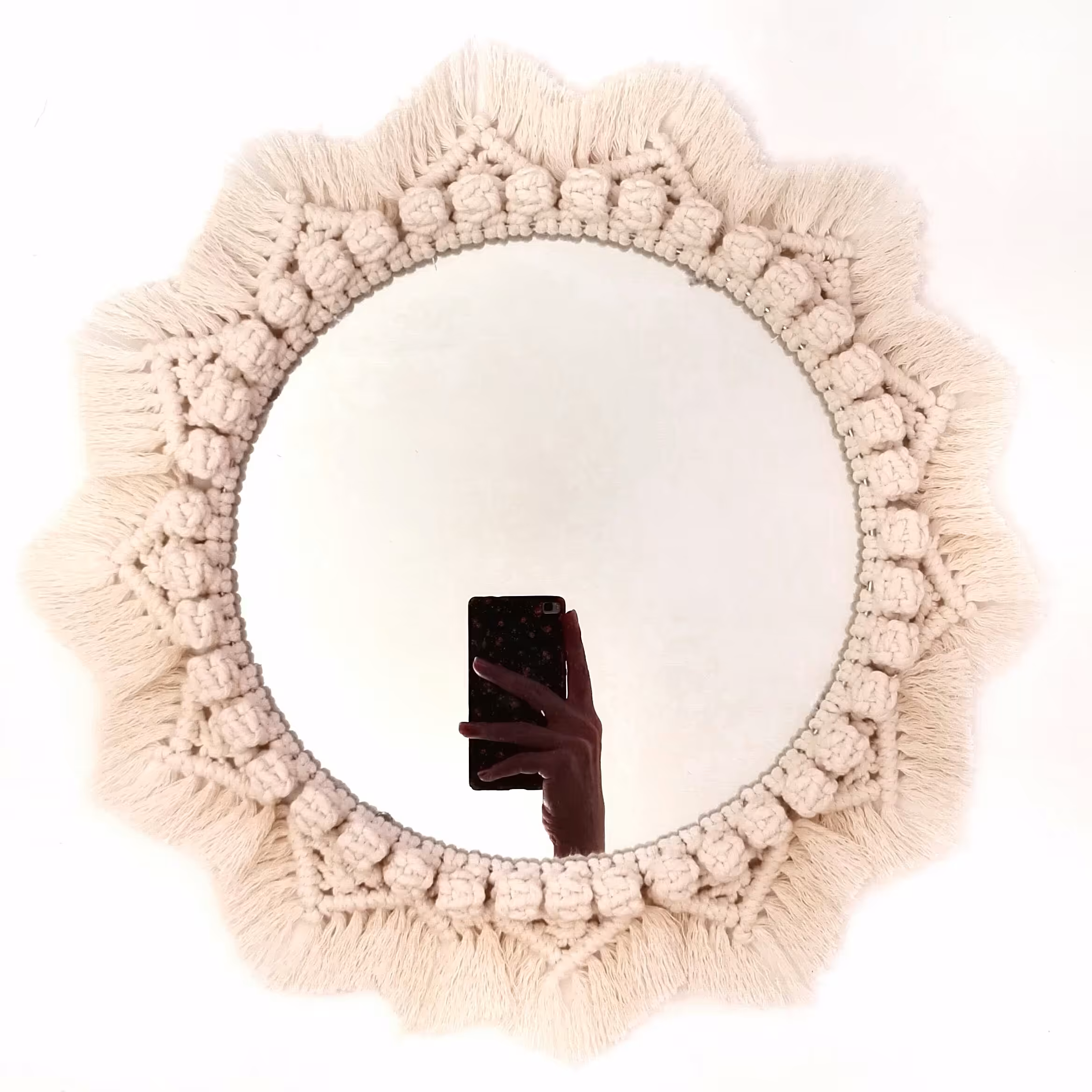 آینه مکرومه مدل شکوفه 25 سانتی  رنگ سفید و شیری 