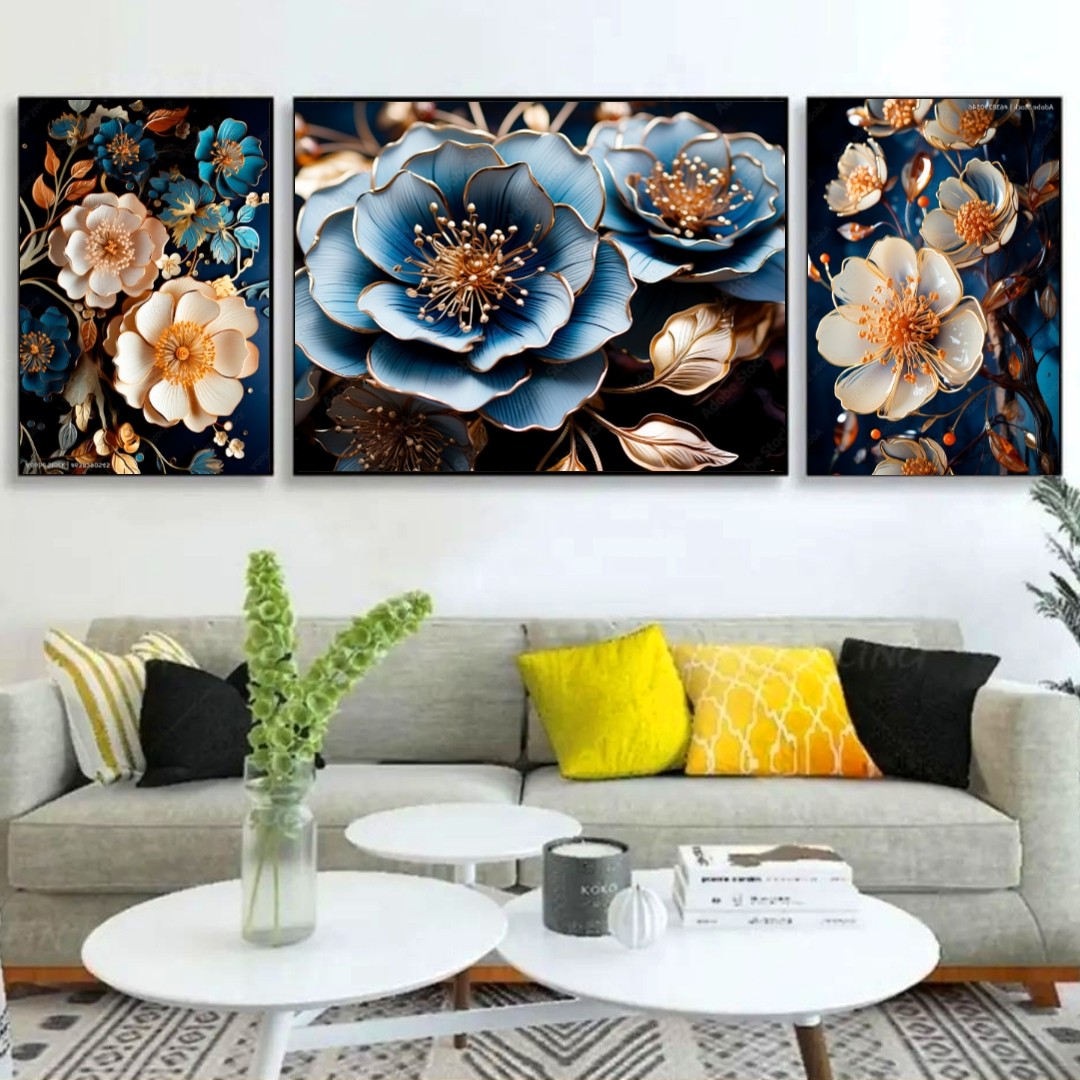 تابلو دکوراتیو فانتزی گل آبی وطلایی ورنگی سه تکه